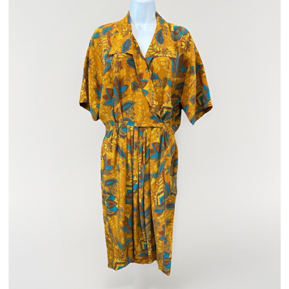 Vtg 90s Gillian 100% Silk Dress Sz 6, 26.5" W, Pockets, Earth Turquoise Paisley